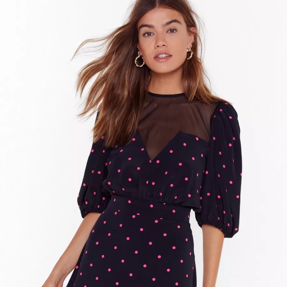Dot Meshing Puff Sleve Mini Dress, Size US6